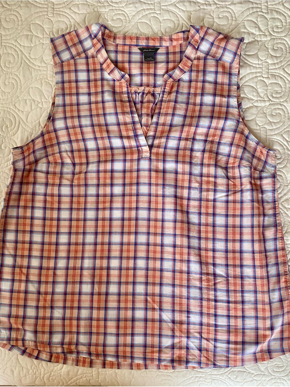 Eddie Bauer Plaid Sleeveless Popover Top - Peach, Blue, White